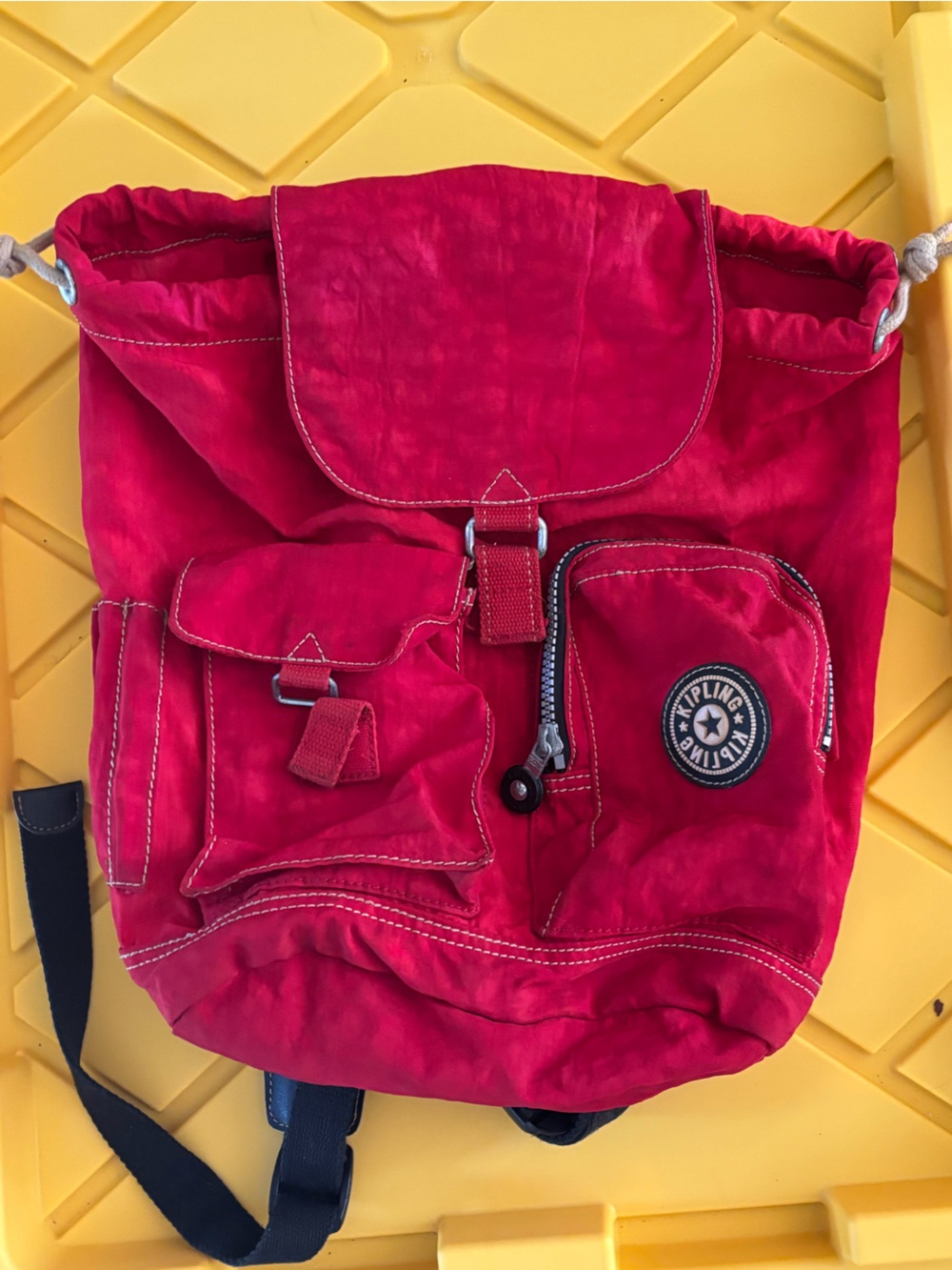Kipling Vibrant Red Nylon Drawstring Backpack with Front Pockets
